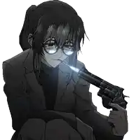 a girl with glasses is holding a gun with a light coming out of it