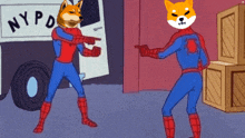 two cartoon characters are pointing at each other in front of a nypd van