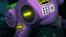 a purple robot has a sticker on it that says ' h ' on it
