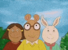 three cartoon characters are posing for a picture together