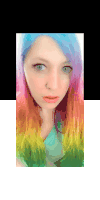 a painting of a woman with rainbow hair and blue eyes