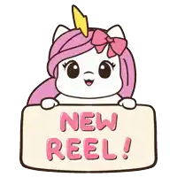 a cartoon unicorn is holding a sign that says new reel