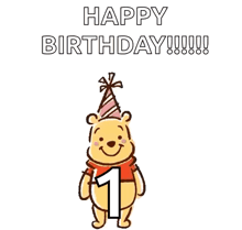 winnie the pooh , tigger , piglet , and donkey are celebrating their first birthday with a party hat .