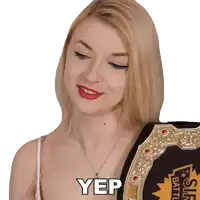 a woman is wearing a belt that says ' yep ' on it