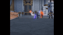 a group of people are standing in front of a building in a video game ..