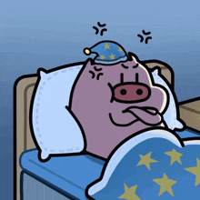 a cartoon pig wearing a sleep cap is laying on a bed