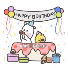 a cartoon of a birthday cake with the name katherine written on it