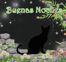 a black cat sits in a field of flowers with the words buenas noches written above it