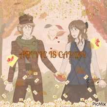 a drawing of a man and a woman holding hands with the words " autumn is canon " written above them