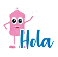a pink bottle with arms and legs and the word hola behind it