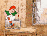 a cartoon drawing of a boy sitting on a table with a fish tank in front of him