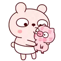 a cartoon bear in a diaper is holding a pig in his arms .