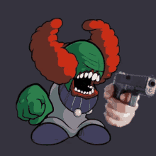 a cartoon of a clown holding a gun with his mouth open