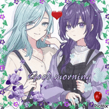a couple of anime girls standing next to each other with the words `` good morning '' .