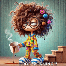 a cartoon girl with curly hair is holding a cup of coffee and pouring it on the floor .