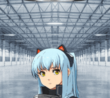 a girl with blue hair and cat ears stands in a warehouse