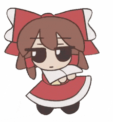 a cartoon drawing of a girl in a red dress with a bow on her head
