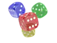 a red dice with white dots is surrounded by other dice
