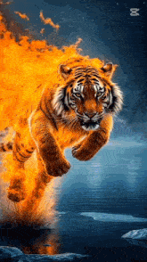 a tiger is running through the air with flames coming out of its paws .