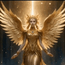 a woman with golden wings and a crown is standing in front of a light beam .