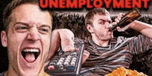 a man holding a remote control next to a man drinking a beer