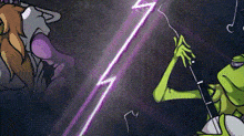 a cartoon drawing of a frog holding a lightning bolt in his hand .