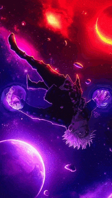 a person is falling through the air in a galaxy surrounded by purple planets .