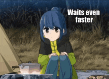 a picture of a girl sitting next to a pot with the words waits even faster below her
