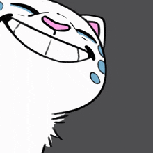 a cartoon drawing of a cat with a pink nose and blue eyes