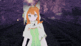 a girl with orange hair and blue eyes is standing on a train track