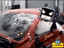 a red car with a broken windshield and a lumibots logo on the bottom