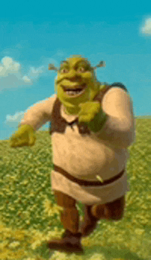 shrek is running through a field of yellow flowers .