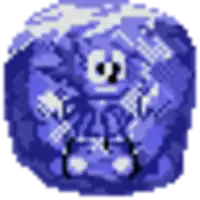 a pixel art drawing of a blue sphere with a face on it