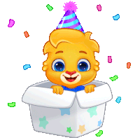 a cartoon lion wearing a party hat is peeking out of a gift box