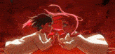 two cartoon characters are holding hands in a dark room .