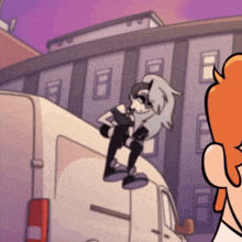 a cartoon character is sitting on top of a van in front of a building