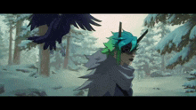 a drawing of a person with green hair and a crow flying overhead