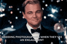 leonardo dicaprio is wearing a tuxedo and bow tie and is smiling .