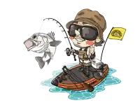 a cartoon of a man on a boat holding a fishing rod and a yellow flag that says ' bridgestone '