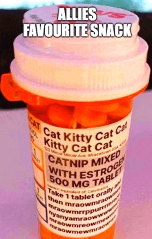 a bottle of cat kitty cat cat catnip mixed with estrogen 500 mg tablets