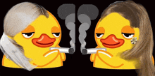 two yellow ducks smoking cigarettes with smoke coming out of them