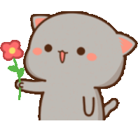 a cartoon cat is holding a red flower in its paws .