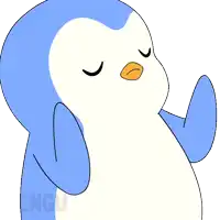 a blue and white penguin with its eyes closed and the word encu on the bottom right