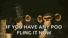 two monkeys are sitting at a table with the words if you have any poo fling it now written on the screen