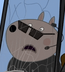 a cartoon character wearing sunglasses and a headset is looking out a broken window