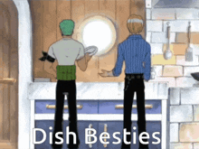 two men standing next to each other in a kitchen with the words dish besties on the bottom right