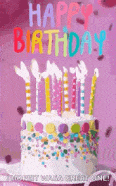 a birthday cake with candles and sprinkles on it is on a table .