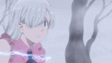a girl with white hair and a pink shirt screams