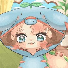 a cartoon drawing of a girl wearing a whale costume