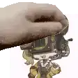 a hand is reaching out towards a cartoon character with a camera on his head .